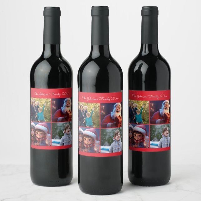 Red Merry Christmas Photo Family  Wine Label (Bottles)