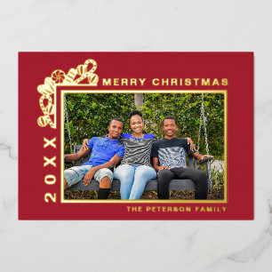 Red Merry Christmas Photo Gold Foil Holiday Card