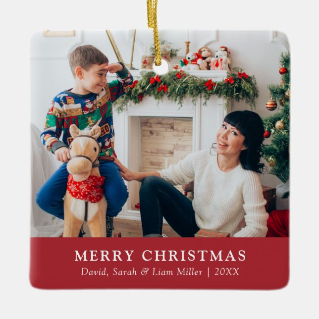 Red Merry Christmas Photo Ornament (Front)