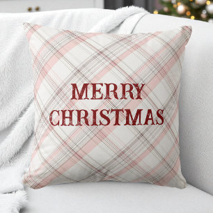 Red Merry Christmas Pink Plaid Pattern Modern Cushion