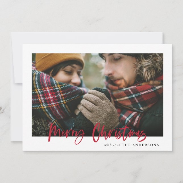 Red merry christmas plaid photo card (Front)