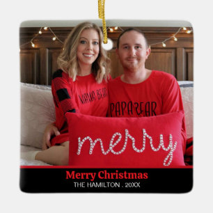 Red Merry Christmas Playful Photo Ceramic Ornament