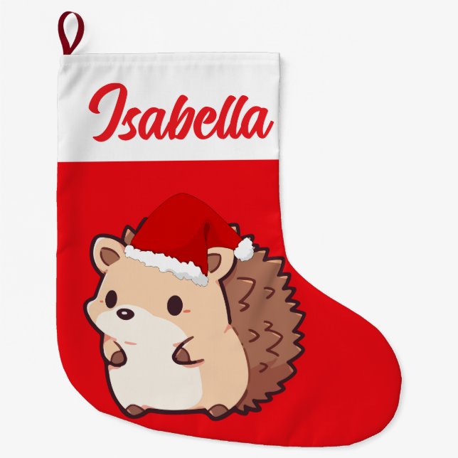 Red Merry Christmas porcupine pet Santa hat Xmas Large Christmas Stocking (Front)