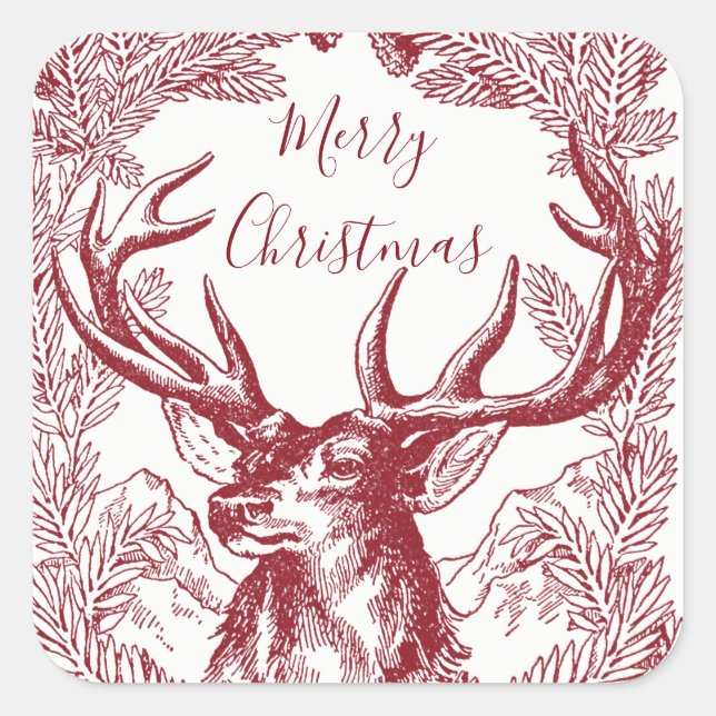 Red Merry Christmas Reindeer With Boughs Square Sticker (Front)