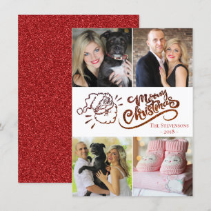 Red Merry Christmas Santa Modern 4 Photo Collage Holiday Card