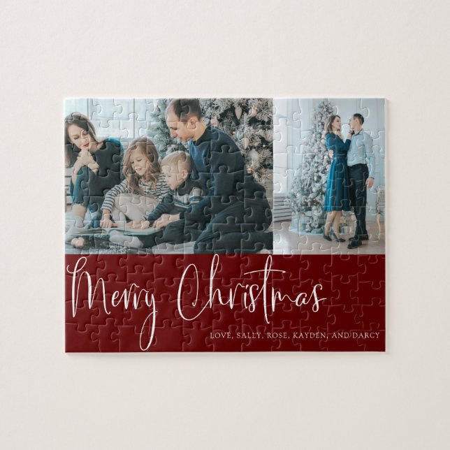 Red Merry Christmas Script 2 Photo Collage Holiday Jigsaw Puzzle (Horizontal)