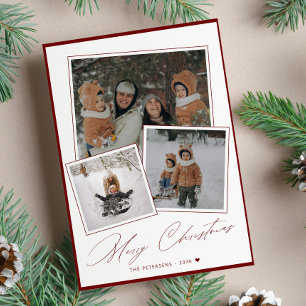 Red Merry Christmas script 3 photo collage Holiday Card