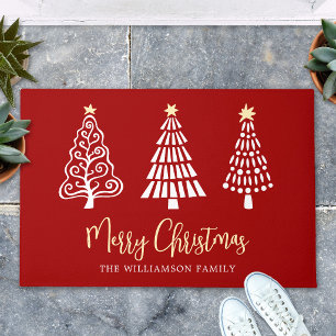 Red Merry Christmas Script 3 Trees Simple Custom Doormat