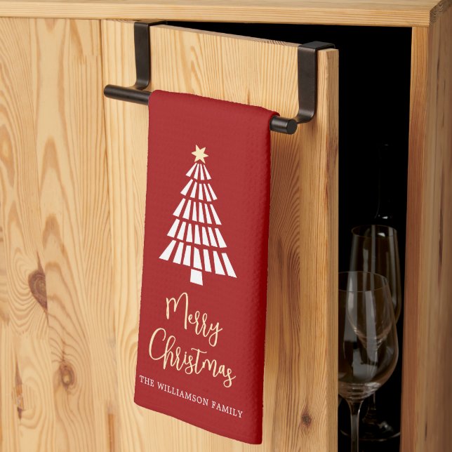Red Merry Christmas Script 3 Trees Simple Custom Tea Towel (Thirds Fold)