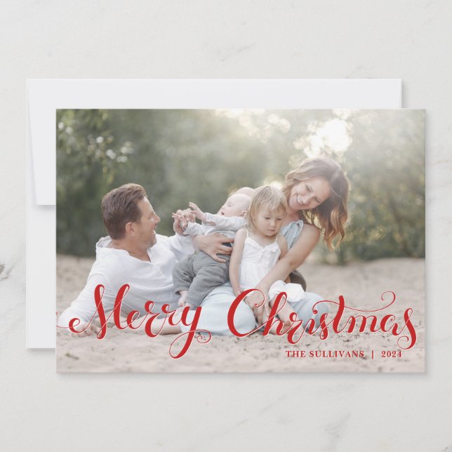 Red Merry Christmas Script Holiday Photo Flat Card (Front)