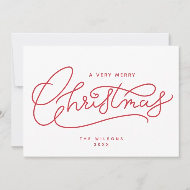 Red Merry Christmas Script Minimalist Holiday Card (Front)