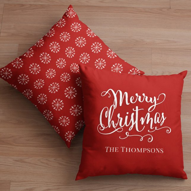 Red Merry Christmas Script Personalised Cushion (Merry Christmas holiday white calligraphy script holiday pattern throw pillow)