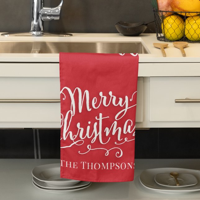 Red Merry Christmas Script Personalised Tea Towel (Merry Christmas red and white custom kitchen towel. )