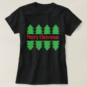 Red Merry Christmas Simple Green Tree Design Black T-Shirt
