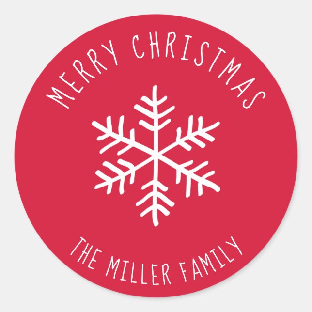 Red Merry Christmas Snowflake Personalised Classic Round Sticker (Front)