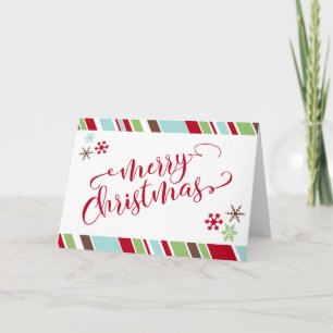 Red Merry Christmas Snowflakes & Diagonal Stripes Holiday Card