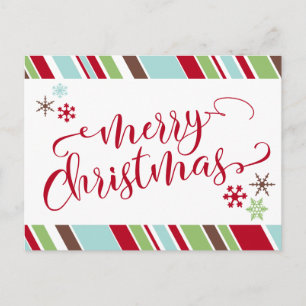Red Merry Christmas, Snowflakes & Diagonal Stripes Holiday Postcard