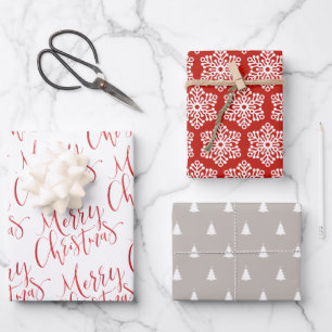 Red Merry Christmas Snowflakes Holiday Christmas Wrapping Paper Sheet