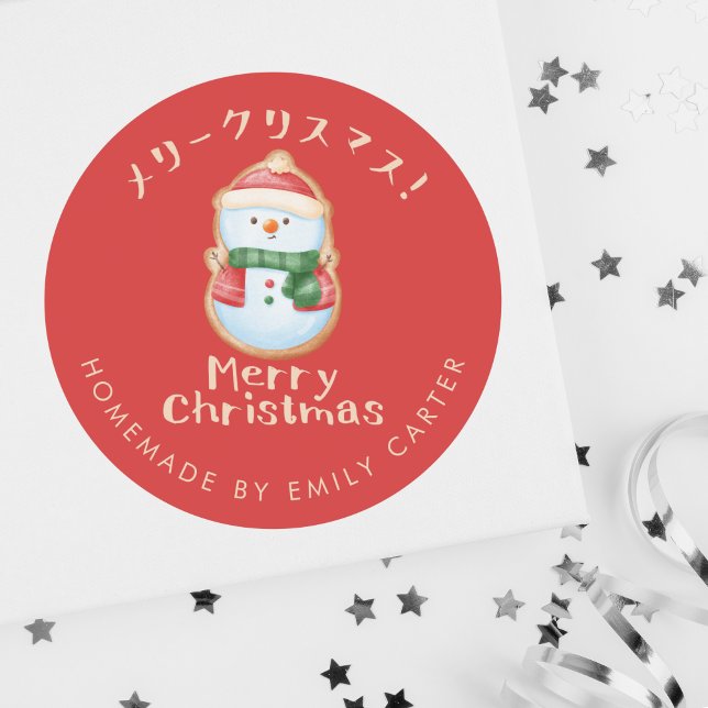 Red Merry Christmas Snowman Cookie Holiday Baking Classic Round Sticker (Creator Uploaded)