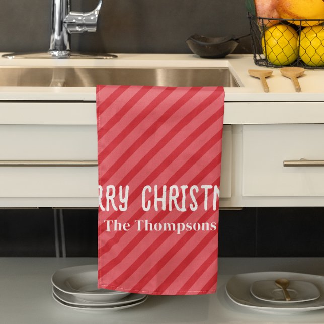 Red Merry Christmas Striped Personalised Tea Towel (Merry Christmas striped whimsical kitchen towel)