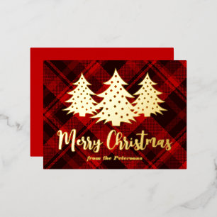 Red Merry Christmas Tree Rustic Plaid Gold Foil Holiday Postcard