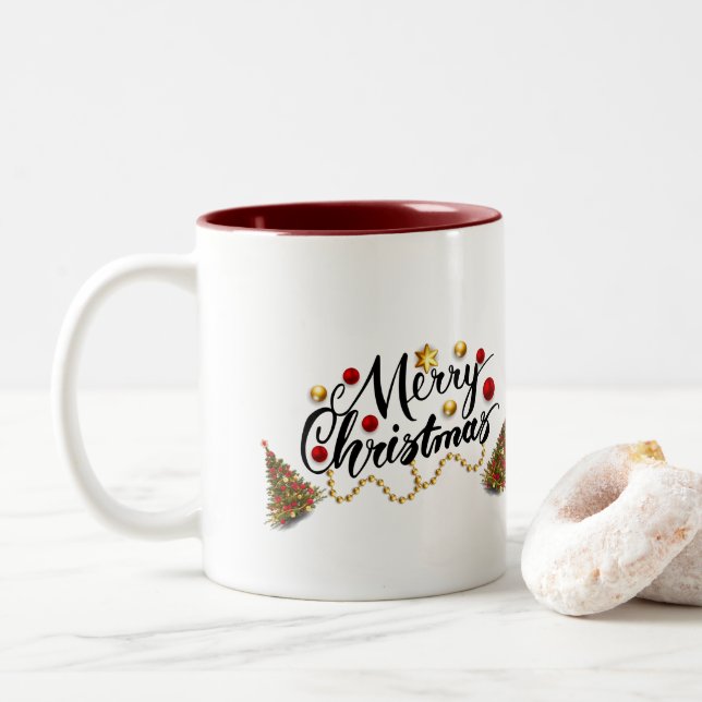 Red Merry Christmas Tree Two-Tone Coffee Mug (With Donut)