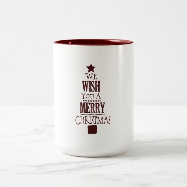 Red Merry Christmas Tree Wish Two-Tone Coffee Mug (Center)