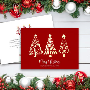 Red Merry Christmas Trees Script Name Real Gold Foil Holiday Card