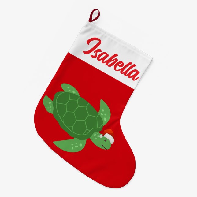 Red Merry Christmas turtle fish Santa hat Xmas Large Christmas Stocking (Front (Hanging))