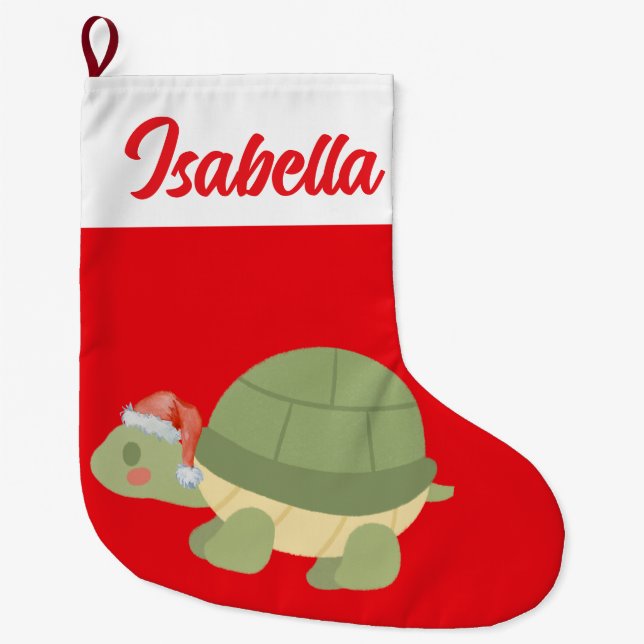 Red Merry Christmas turtle sea Santa hat Xmas Large Christmas Stocking (Front)