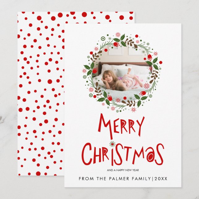 Red Merry Christmas typography and wreath photo Holiday Card (Front/Back)