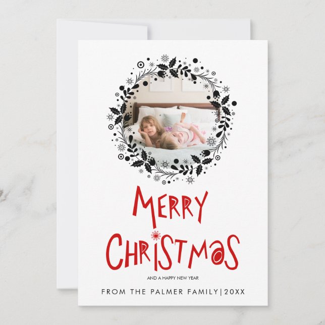 Red Merry Christmas typography black wreath photo Holiday Card (Front)