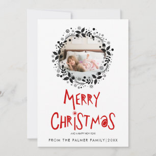 Red Merry Christmas typography black wreath photo Holiday Card