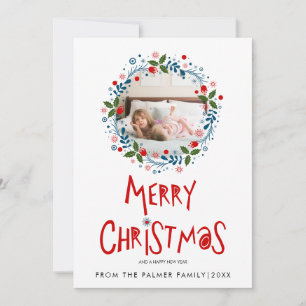 Red Merry Christmas typography, blue wreath photo Holiday Card