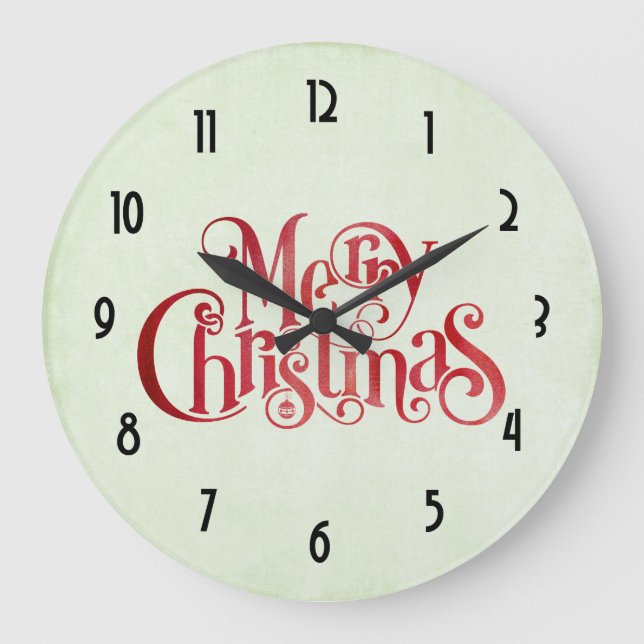 Red Merry Christmas Typography Festive Font Large Clock (Front)