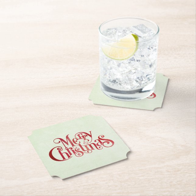 Red Merry Christmas Typography Festive Font Paper Coaster (Insitu)
