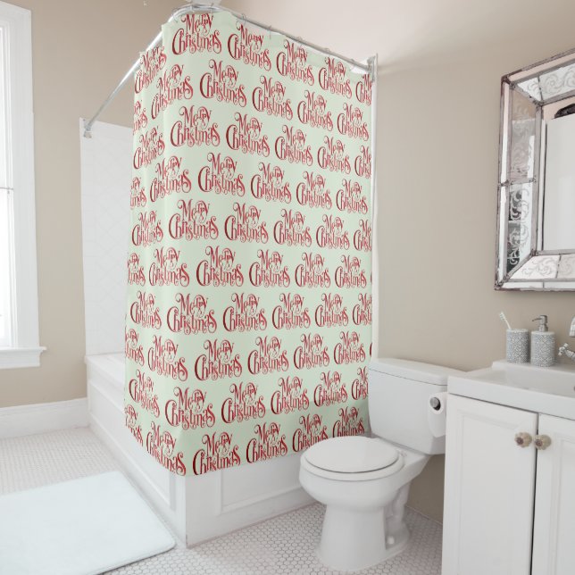 Red Merry Christmas Typography Festive Font Shower Curtain (In Situ)