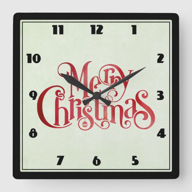 Red Merry Christmas Typography Festive Font Square Wall Clock (Front)