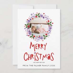 Red Merry Christmas typography purple wreath photo Holiday Card