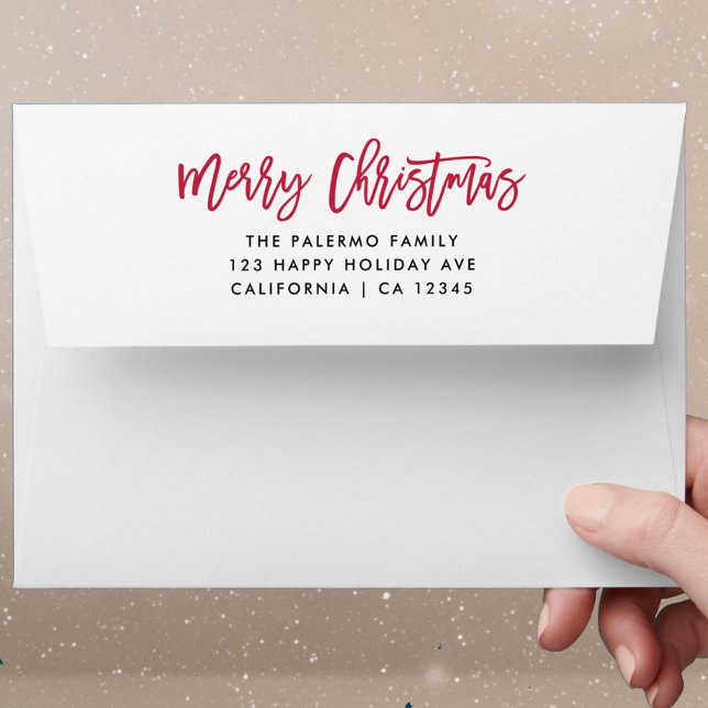 Red Merry Christmas Typography return address Envelope (RED MERRY CHRISTMAS HANDWRITTEND SIGNATURE ENVELOPE WITH PRE PRINTED RETURN ADDRESS)