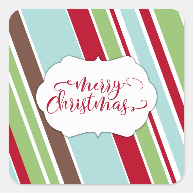 Red Merry Christmas Typography w/ Diagonal Stripes Square Sticker (Front)