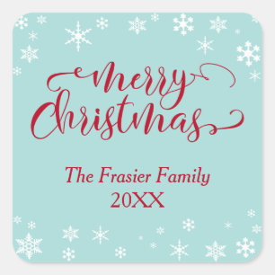 Red Merry Christmas w/ White Snowflakes on Blue Square Sticker