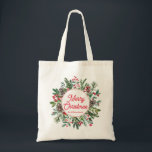 red merry christmas watercolor winter greenery  tote bag<br><div class="desc">elegant vintage merry christmas winter greenery red calligraphy  tote bag</div>