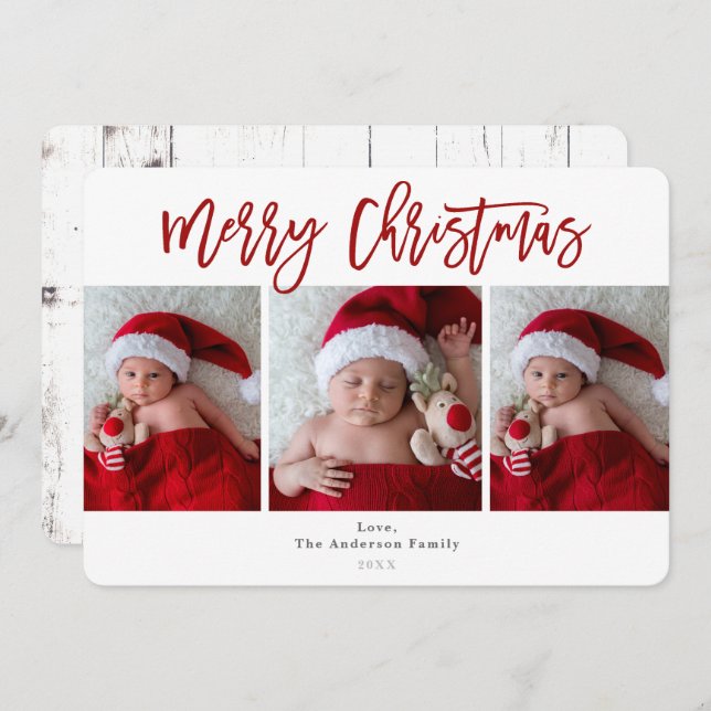 Red Merry Christmas White Wood Holiday Photo Invitation (Front/Back)