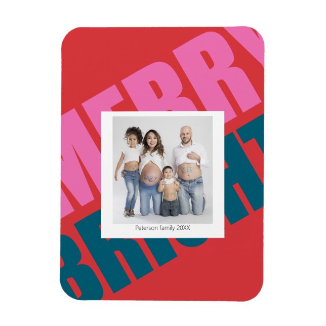 Red merry colourful christmas modern photo family  magnet (Vertical)