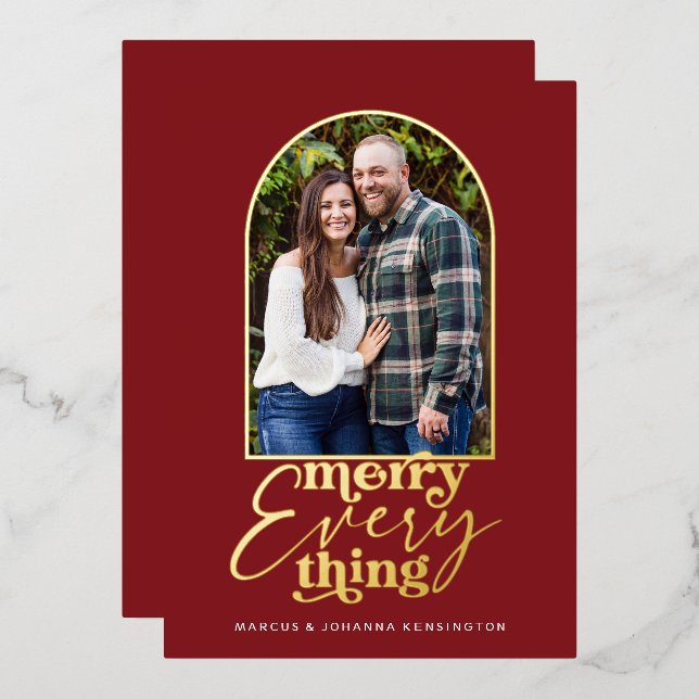 Red Merry Everything Arch Christmas Photo  Foil Holiday Card (Front/Back)