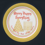 Red Merry Happy Everything Party Chrismukkah Paper Plate<br><div class="desc">Personalise these fun MERRY HAPPY EVERYTHING paper party plates in red, faux gold and white for a one of a kind Chrismukkah party. Featuring my faux gold polka dot modern Christmas tree and matching Hanukkah menorah, the design is finished with bright red mixed fonts and complimentary borders around the plate....</div>