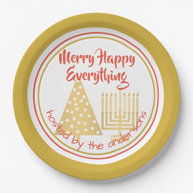 Red Merry Happy Everything Party Chrismukkah Paper Plate (Front)
