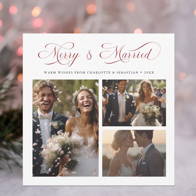 Red Merry & Married Elegant Script 3 Photo     Holiday Card (Creator Uploaded)