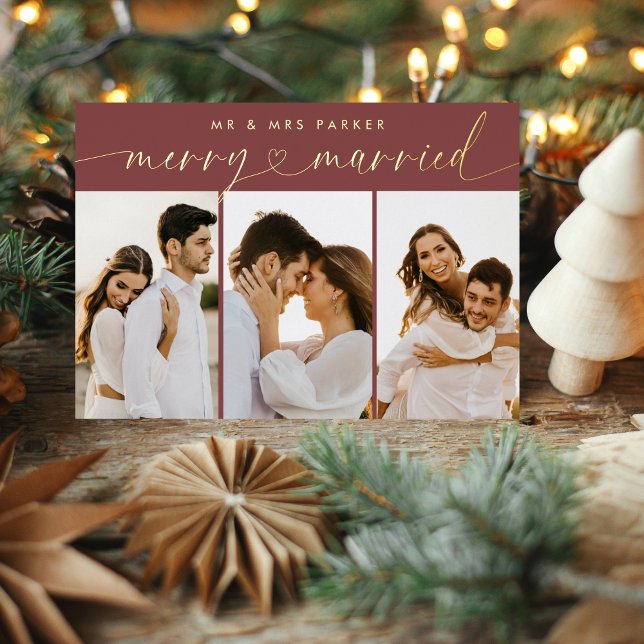 Red Merry & Married Heart Script Christmas Photo Foil Holiday Card (Creator Uploaded)